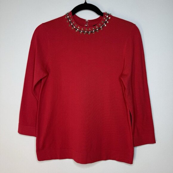 Ann Taylor Red Blouse Jewel Accents Holiday Christmas NWT Women’s Sz MP Medium - Picture 1 of 9